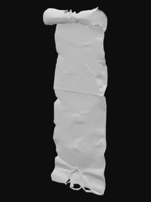 3D model for "A glowing ancient scroll with weathered, cracked parchment unrolled vertically, surrounded by warm golden light. The scroll is tied with thick rope on both ends and has jagged, burnt edges. The scroll is empty in the center.