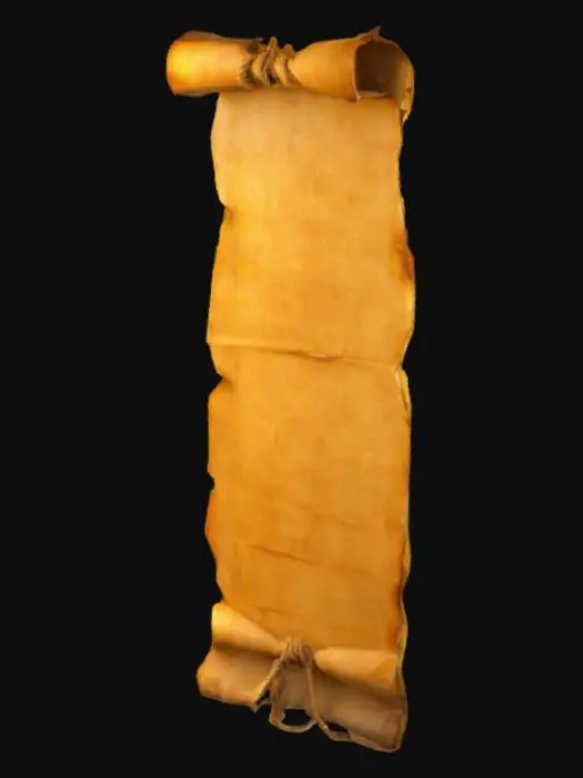 3D model for "A glowing ancient scroll with weathered, cracked parchment unrolled vertically, surrounded by warm golden light. The scroll is tied with thick rope on both ends and has jagged, burnt edges. The scroll is empty in the center.