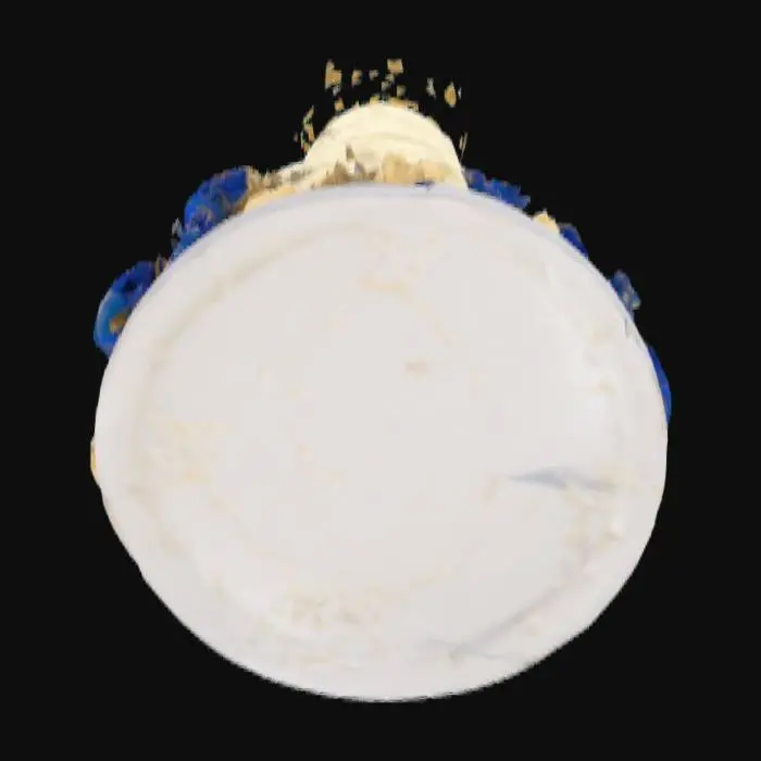 3D model for "An enormous royal celebration cake standing over five tiers tall, each layer intricately decorated with gold leaf, pearl accents, and baroque-style piping. The cake is adorned with edible crowns, scepters, and roses made of fondant, in shades of deep royal blue, gold, and ivory. Crystal-like sugar decorations cascade down the sides