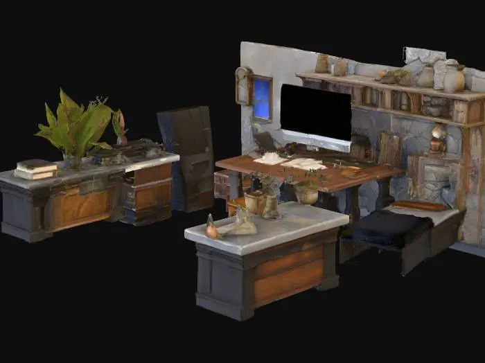 3D model for 中世ファンタジー風のアトリエジオラマは、固定ランダムシードのように精緻に構成された空間です。壁面は、不均一ながらも意図的に配置されたような粗削りな石材で築かれ、その表面は古びた灰色から土色まで多様な色合いとざらついた質感を見せます。床は古木材の分厚い板で敷き詰められ、それぞれ異なる木目や傷、色むらが、まるで計算されたかのように配置されています。机上には大型モニターと現代のデバイスが、本棚、チェスト、観葉植物といった調度品と共に、歴史と現代が融合した独特の雰囲気を醸し出しています。