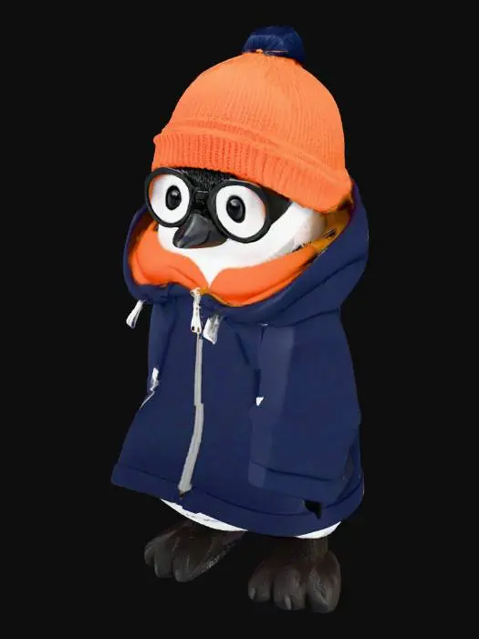 3D model for 北欧風のオレンジのニット帽をかぶり、黒ぶちの眼鏡をかけているデザイナー風のペンギン　紺色のパーカーを着ている　フードはオレンジ色