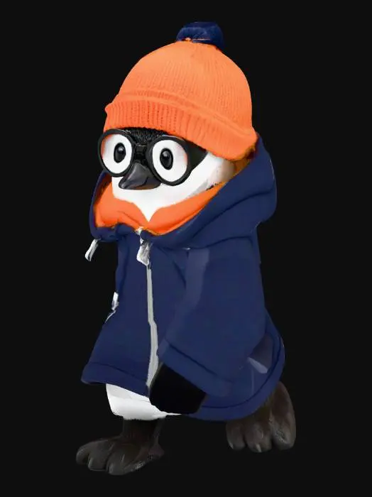 3D model for 北欧風のオレンジのニット帽をかぶり、黒ぶちの眼鏡をかけているデザイナー風のペンギン　紺色のパーカーを着ている　フードはオレンジ色