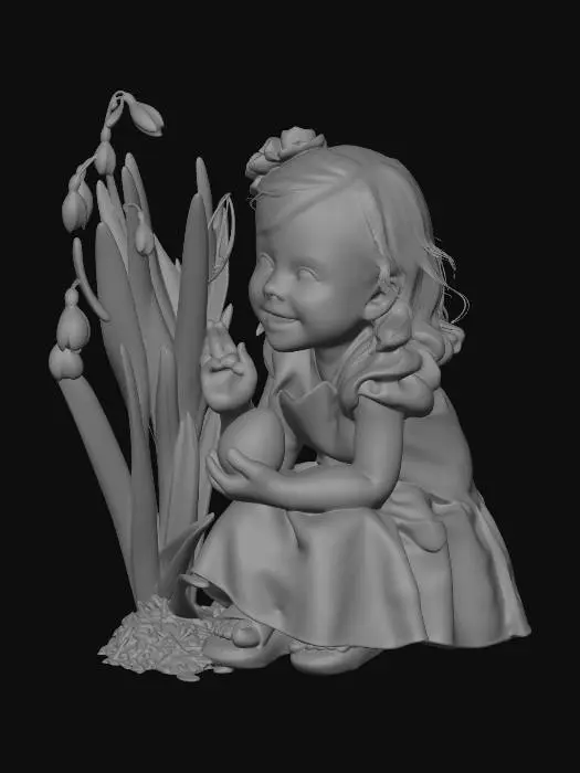 3D model for kreiere mir ein modell von einem kleinen mädchen das gerade sein erstes oster ei hinter einem busch schneeglöchen findet