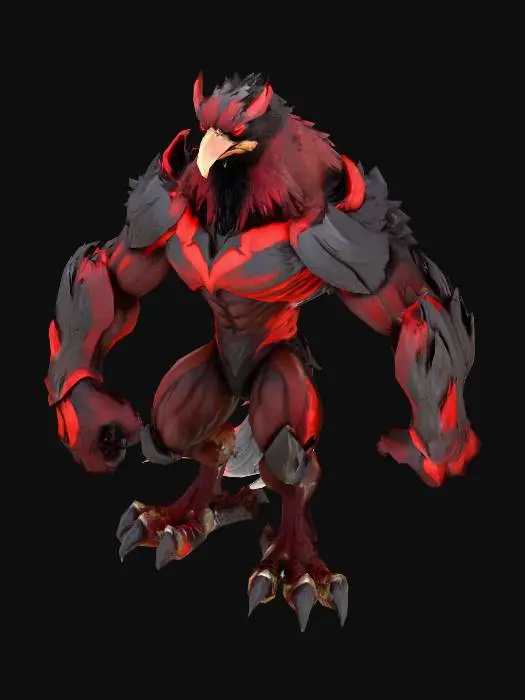 3D model for Third evolution of eagle creature in dark Pokémon style, largest and most menacing, standing tall in dynamic T-pose, fierce glowing red eyes with shadowed brow, dark brown and black plumage with subtle red highlights, exaggerated sharp beak and feathers for aggressive look, muscular limbs and talons, front view, bold crisp silhouette optimized for 3D mesh AI, no glow except red eyes, transparent background, original dark stylized Pokémon design.