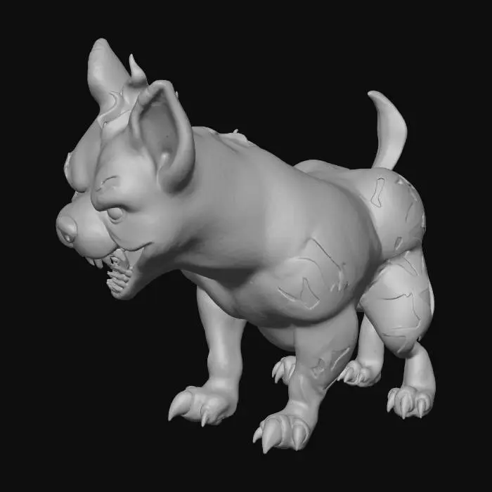 3D model for A Halloween-themed Pokémon-style creature inspired by a Pitbull. Muscular, black fur with glowing orange flame-like pumpkin markings, crimson eyes, and sharp fangs in a sinister grin. Dominant and proud stance, exuding aggression and power. Set in a dark, misty Halloween landscape under a full moon, with glowing runes and embers on the ground, subtle fog, and orange ambient light. Pokémon art style (Houndoom × Darkrai × Gengar fusion), clean lines, vibrant dark palette, mystical and menacing tone. --style Pokémon --theme Halloween --lighting dramatic --render high detail --mystical atmosphere --dark fantasy --composition centered --resolution ultra --focus creature design