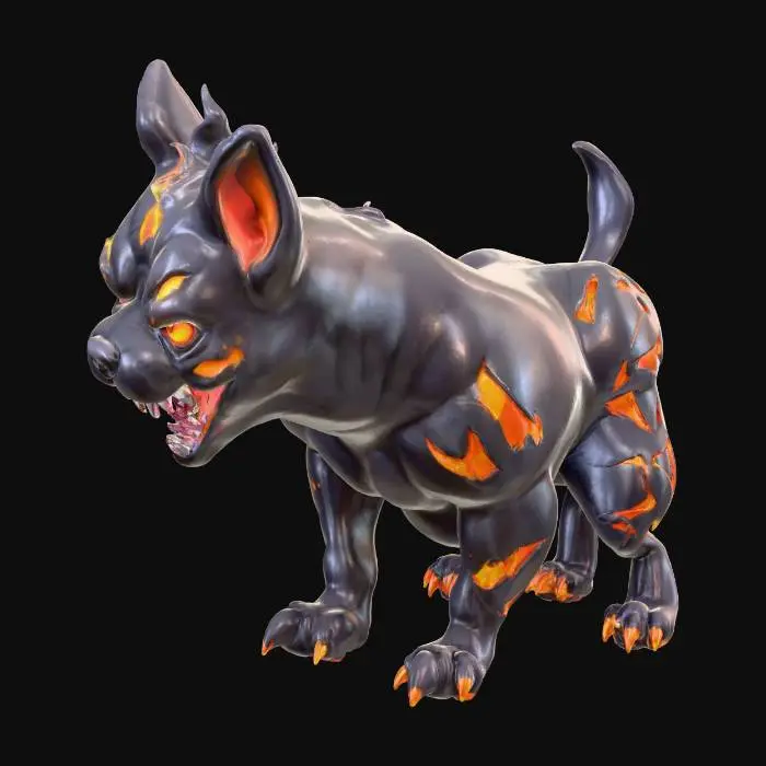 3D model for A Halloween-themed Pokémon-style creature inspired by a Pitbull. Muscular, black fur with glowing orange flame-like pumpkin markings, crimson eyes, and sharp fangs in a sinister grin. Dominant and proud stance, exuding aggression and power. Set in a dark, misty Halloween landscape under a full moon, with glowing runes and embers on the ground, subtle fog, and orange ambient light. Pokémon art style (Houndoom × Darkrai × Gengar fusion), clean lines, vibrant dark palette, mystical and menacing tone. --style Pokémon --theme Halloween --lighting dramatic --render high detail --mystical atmosphere --dark fantasy --composition centered --resolution ultra --focus creature design