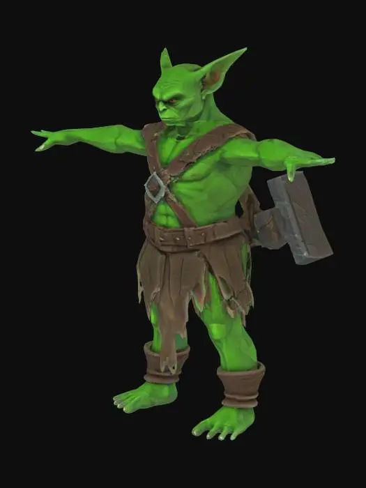 3D model for a low Poly Goblin Berserker standing in a t-pose, green skin under 20000 polygons
