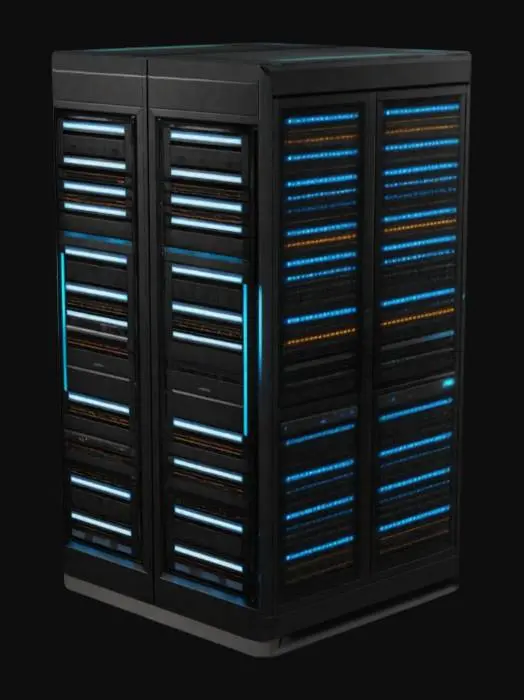 3D model for The object is a server rack with a rectangular shape, geometric alignment in rows, and a sleek texture with illuminated panels and buttons.只需要生成一个机柜即可