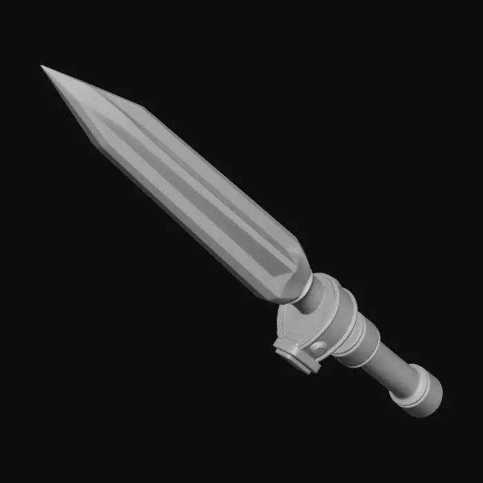 3D model for Create a side view of an old-fashioned ice pick, entirely made of translucent, glimmering ice. The handle is wrapped in weathered leather straps that are partially frozen with frost. The ice pick’s tip is razor-sharp with a subtle blue hue. Frost patterns are etched into the handle’s ice, and the leather appears worn and cracked. Additionally, the icy head features four grooves at the front, running from the handle toward the tip, giving it a classic pick shape, but entirely magical and icy.