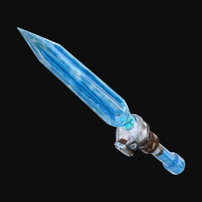 3D model for Create a side view of an old-fashioned ice pick, entirely made of translucent, glimmering ice. The handle is wrapped in weathered leather straps that are partially frozen with frost. The ice pick’s tip is razor-sharp with a subtle blue hue. Frost patterns are etched into the handle’s ice, and the leather appears worn and cracked. Additionally, the icy head features four grooves at the front, running from the handle toward the tip, giving it a classic pick shape, but entirely magical and icy.