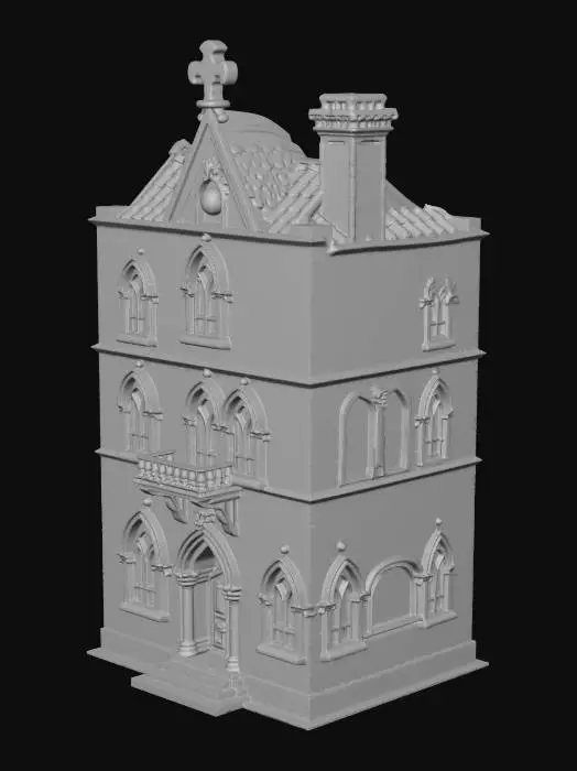 3D model for A stylized Venetian miniature building, gothic architecture style. Features: a water-level stone base, one large pointed arch doorway on the ground floor, and two ornate bifora windows with a small stone balcony on the first floor. Weathered red brick walls with white Istrian stone decorations. Bell-shaped Venetian chimney on the roof. Solid volumes, high relief details, optimized for 3D printing, 8k resolution, intricate textures."
