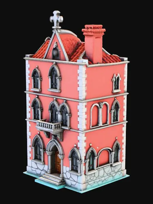 3D model for A stylized Venetian miniature building, gothic architecture style. Features: a water-level stone base, one large pointed arch doorway on the ground floor, and two ornate bifora windows with a small stone balcony on the first floor. Weathered red brick walls with white Istrian stone decorations. Bell-shaped Venetian chimney on the roof. Solid volumes, high relief details, optimized for 3D printing, 8k resolution, intricate textures."
