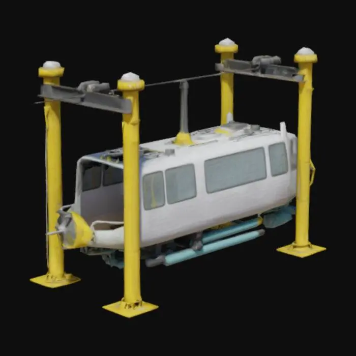 3D model for telepherique sous marin avec cabine et une bonbonne de gaz qui fait tourner une helice c est un telepherique mais sous l eau 2 pillier un cable qui les relie les 2 pillier une cabine raccrocher au pillier avec une roulis qui glisse sur pillier helice qui marche vraiment
