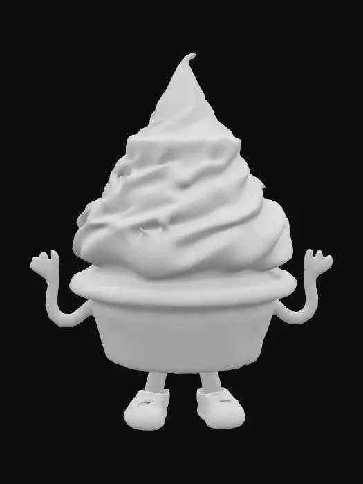 3D model for A whimsical ice cream cupcake character. Its soft, baked cake base extends into two stubby legs and small, rounded hands. cupcake as its face, displaying subtle contours. Topped with a generous, swirling scoop of smooth, creamy ice cream, adorned with vibrant sprinkles. Textures blend fluffy cake, melting ice cream, and the matte, slightly crinkled finish of the cup. Colors are bright and edible, forming a playful, unique form.