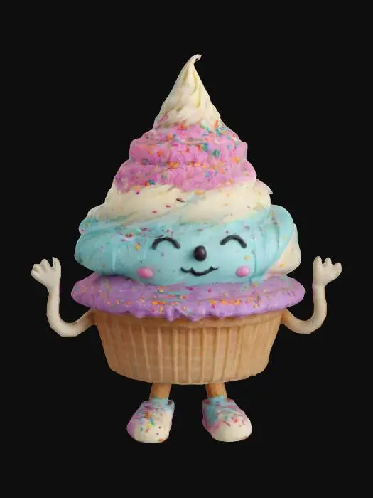 3D model for A whimsical ice cream cupcake character. Its soft, baked cake base extends into two stubby legs and small, rounded hands. cupcake as its face, displaying subtle contours. Topped with a generous, swirling scoop of smooth, creamy ice cream, adorned with vibrant sprinkles. Textures blend fluffy cake, melting ice cream, and the matte, slightly crinkled finish of the cup. Colors are bright and edible, forming a playful, unique form.