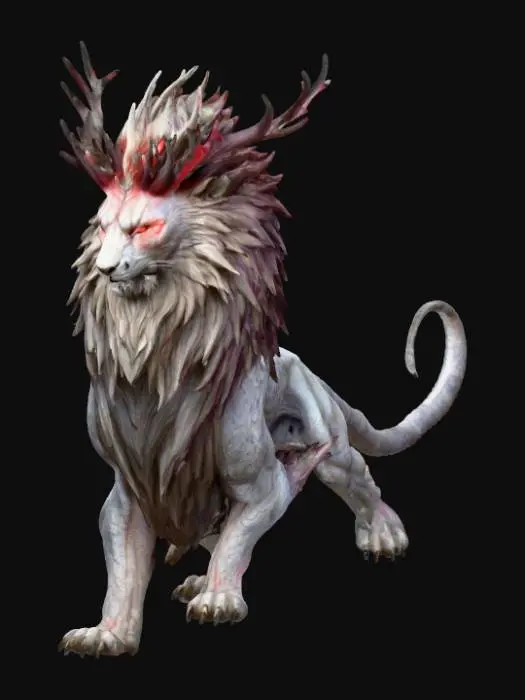 3D model for Power emanates from the majesty of this mystic creature. A black dragon's body scaled down to the size of the largest Lion ever seen. In place of fur is a dull grey dragon scale armor. The lion's mane all black and spikey. Extending from is head is two antlers that almost adorn his head like a crown. His eyes glow with an ethereal burn