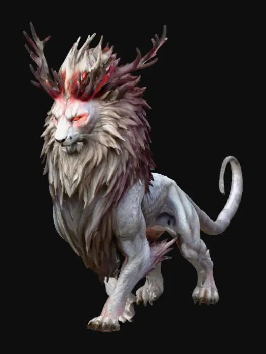 3D model for Power emanates from the majesty of this mystic creature. A black dragon's body scaled down to the size of the largest Lion ever seen. In place of fur is a dull grey dragon scale armor. The lion's mane all black and spikey. Extending from is head is two antlers that almost adorn his head like a crown. His eyes glow with an ethereal burn