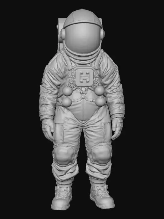 3D model for An abandoned colony astronaut. His spacesuit is a mix of old fabric and sandblasted aluminum, with large clumps of dirt and scorch marks on the surface. The helmet visor is covered with opaque cracks and mud. Requirement: Photorealistic, focus on the texture of fabric folds, the aging of the metal, and meticulous detail on damage and dirt accumulation.