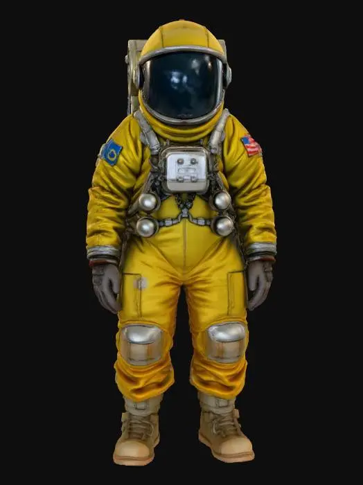 3D model for An abandoned colony astronaut. His spacesuit is a mix of old fabric and sandblasted aluminum, with large clumps of dirt and scorch marks on the surface. The helmet visor is covered with opaque cracks and mud. Requirement: Photorealistic, focus on the texture of fabric folds, the aging of the metal, and meticulous detail on damage and dirt accumulation.