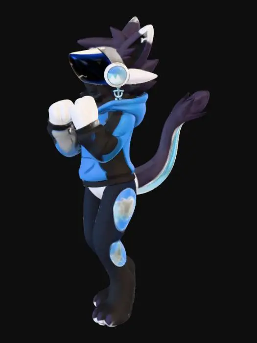 3D model for High-quality 3D model of a Protogen character. Head is a sleek black aerodynamic mechanical visor screen, no biological nose, no biological mouth, glowing digital LED eyes on the screen. Mechanical robotic limbs with hard-surface armor plating, digitigrade legs, robotic paws with defined claws. Biological fluffy torso and long ears. Cyberpunk aesthetic, sharp edges on armor, smooth metallic texture, 8k resolution, highly detailed mechanical joints.