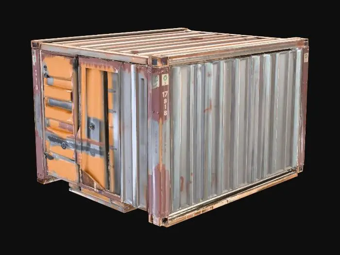 3D model for small post-apocalyptic decoration prop, abandoned metal container with slight rust and subtle damage, low poly game asset, optimized mesh, simple geometry, realtime ready, clean topology, realistic but not overly detailed, modular decoration object, suitable for game environments, minimal complex surfaces