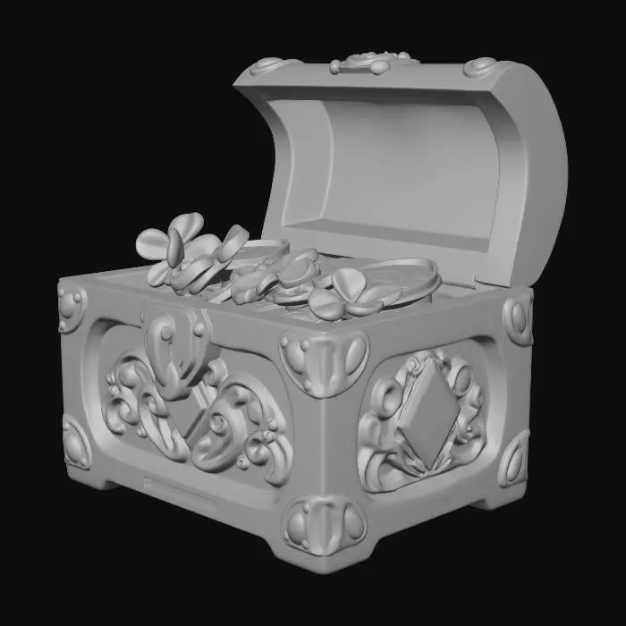 3D model for realistic St. Patrick’s Day decorative prop, small wooden treasure box filled with shamrocks and gold coins, subtle magical witchy aesthetic, game ready asset, optimized low poly mesh, clean topology, realtime rendering, simple geometry with detailed textures, modular decoration object suitable for game environments, realistic but not overly detailed, minimal complex surfaces. subtle fantasy atmosphere