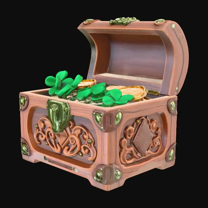 3D model for realistic St. Patrick’s Day decorative prop, small wooden treasure box filled with shamrocks and gold coins, subtle magical witchy aesthetic, game ready asset, optimized low poly mesh, clean topology, realtime rendering, simple geometry with detailed textures, modular decoration object suitable for game environments, realistic but not overly detailed, minimal complex surfaces. subtle fantasy atmosphere