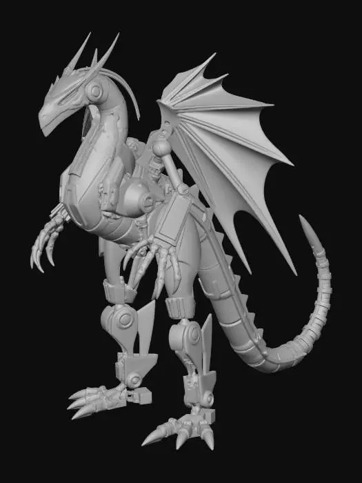 3D model for mecha, big black dragon robot, no eyes, no mouth, skinny small Metal dragon arms, Big long Metal dragon Legs, Metal long dragon tail, big dragon shape body, White tip metal tail, long thin Black Metal wings, Metal dragon shape head, Gold dwell arm, big dwell, dwell right hand, in Space,