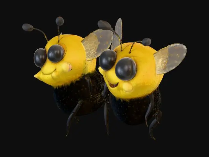 3D model for Birkaç tatlı arı, küçük, yuvarlak ve tombul gövdelere sahip. Gövdeleri, yoğun, kadifemsi siyah ve canlı sarı tüylerle kaplı, dokunulduğunda yumuşak hissettiriyor. Şeffaf, ince zarlı kanatları zarifçe gerilmiş, hafif damar desenleri var. Başlarındaki büyük, parlak siyah gözleri ve sevimli, gülümseyen ifadeleri dikkat çekiyor. İnce, narin bacakları ve antenleri hassasça kıvrılıyor.