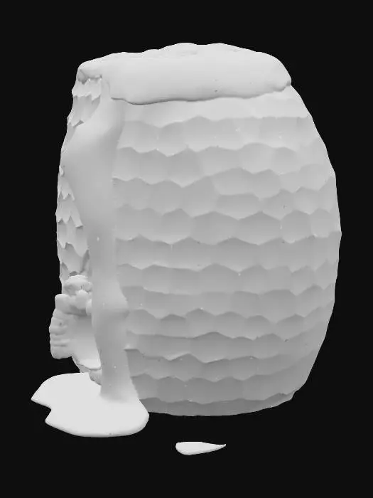 3D model for Tatlı bir arı kovanı, pürüzsüz, sıcak kahverengi renkte işlenmiş, yumuşak kenarlı ahşaptan yapılmış. Yüzeyi, parlak sarı renkteki balmumu damlacıklarıyla süslenmiş ve yer yer bal rengi, şeffaf bal sızıntıları var. Kovanın yuvarlak girişi küçük ve sevimli, etrafı hafifçe çıkıntılı, işlenmiş yaprak motifleriyle çevrili. Dokusu, el değmiş gibi hafif pürüzlü ve doğal hissettiriyor.