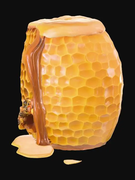 3D model for Tatlı bir arı kovanı, pürüzsüz, sıcak kahverengi renkte işlenmiş, yumuşak kenarlı ahşaptan yapılmış. Yüzeyi, parlak sarı renkteki balmumu damlacıklarıyla süslenmiş ve yer yer bal rengi, şeffaf bal sızıntıları var. Kovanın yuvarlak girişi küçük ve sevimli, etrafı hafifçe çıkıntılı, işlenmiş yaprak motifleriyle çevrili. Dokusu, el değmiş gibi hafif pürüzlü ve doğal hissettiriyor.