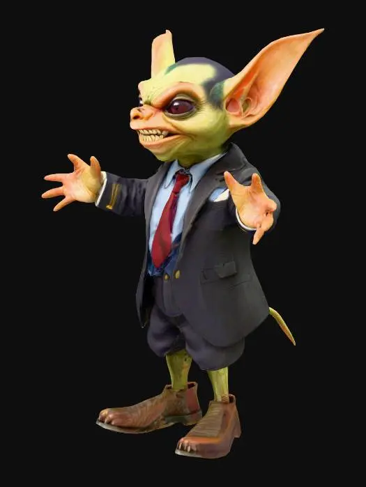 3D model for un gremlin avec une tête rappelant un président américain, en position pour rigging