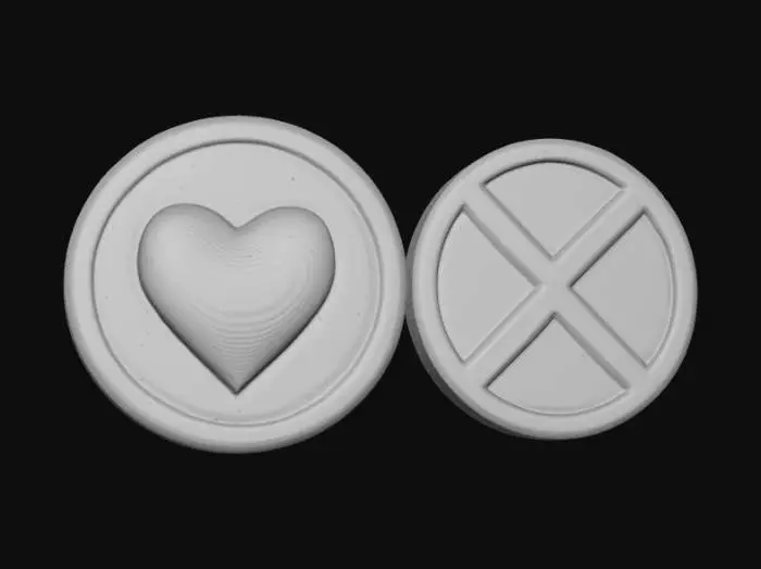 3D model for One A gold circle Coin with a pink heart front of the coin and on the back of coin is a x red