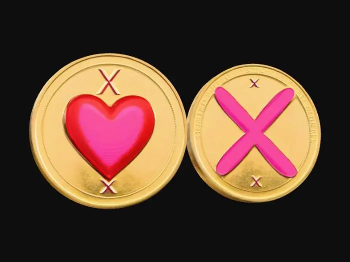 3D model for One A gold circle Coin with a pink heart front of the coin and on the back of coin is a x red