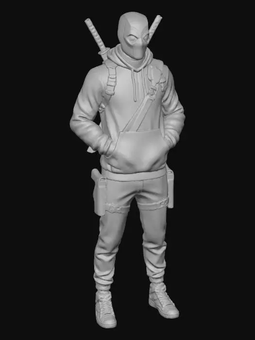 3D model for A vibrant, highly detailed 3D model of Deadpool in a relaxed pose, hands in red hoodie pockets. The hoodie displays "FCK" over "JCKMN" in crisp white relief. He wears grey cinched sweatpants, red, white, green high-top sneakers, and a simplified black utility belt with holsters. Dual katanas are secured to his back by black tactical straps. The mask features intricate details. Increased brightness, reduced shadows, and crisp contours enhance fine details and nuanced fabric textures for realism.