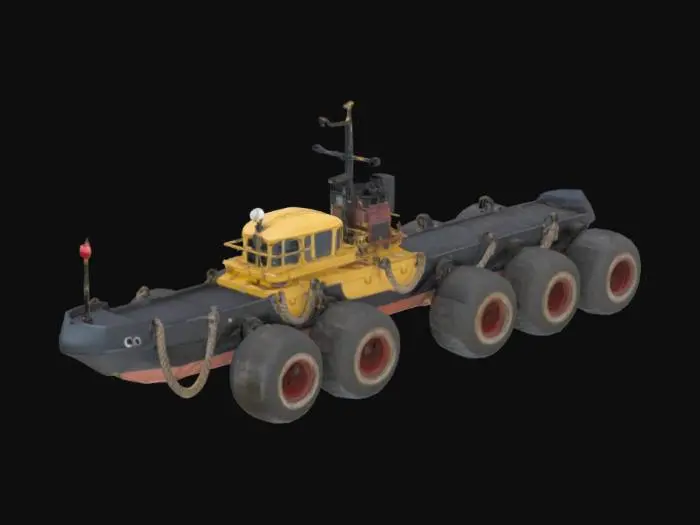 3D model for Sea tugboat on six large wheels, tires on ropes hang on the sides of the tugboat