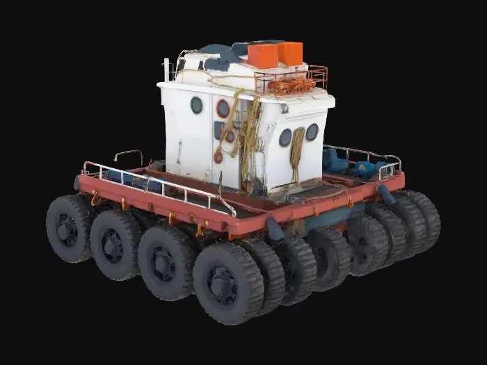 3D model for Sea tugboat on six large wheels, tires on ropes hang on the sides of the tugboat