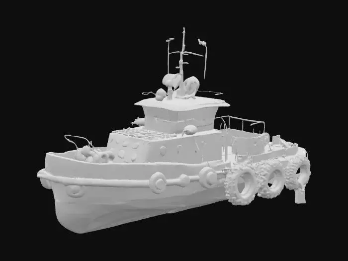 3D model for Sea tugboat on six large wheels, tires on ropes hang on the sides of the tugboat
