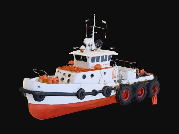 3D model for Sea tugboat on six large wheels, tires on ropes hang on the sides of the tugboat
