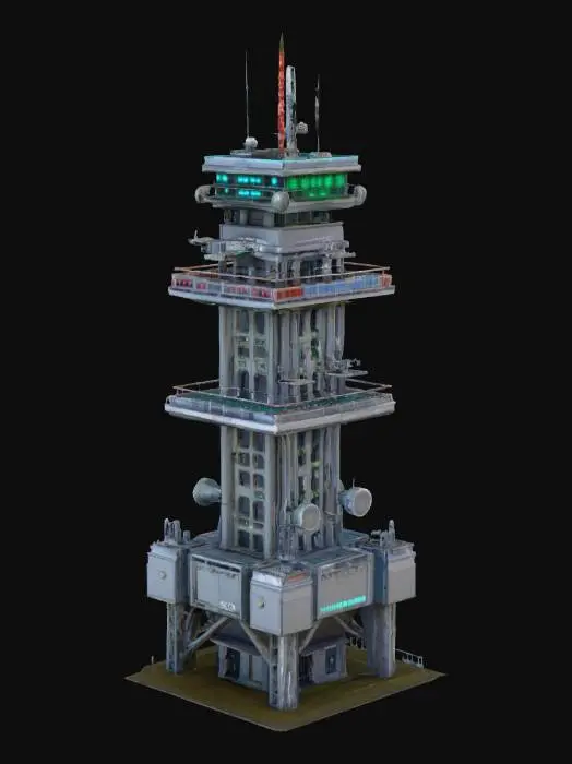 3D model for sci fi military tower with antennas, locators, radars