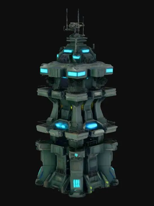 3D model for sci fi military tower with antennas, locators, radars