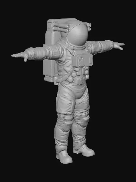 3D model for Cosmonaut in the t pose, the helmet is completely covered with metal, there are six lenses of video cameras on the front of the helmet
