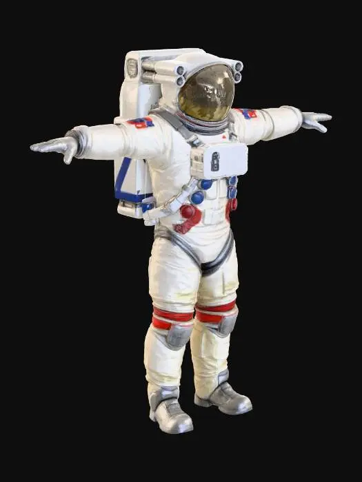 3D model for Cosmonaut in the t pose, the helmet is completely covered with metal, there are six lenses of video cameras on the front of the helmet