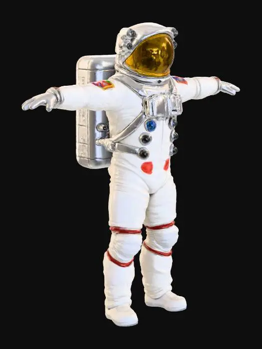 3D model for Cosmonaut in the t pose, the helmet is completely covered with metal, there are six lenses of video cameras on the front of the helmet
