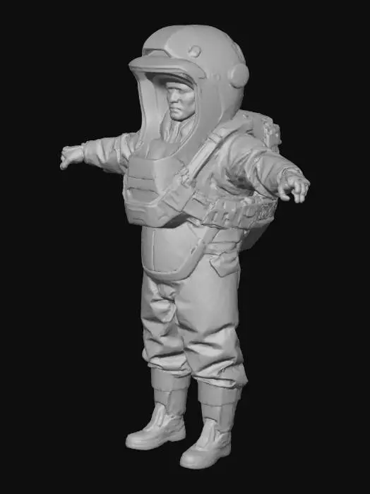3D model for Cosmonaut in the t pose, the helmet is completely covered with metal, there are six lenses of video cameras on the front of the helmet