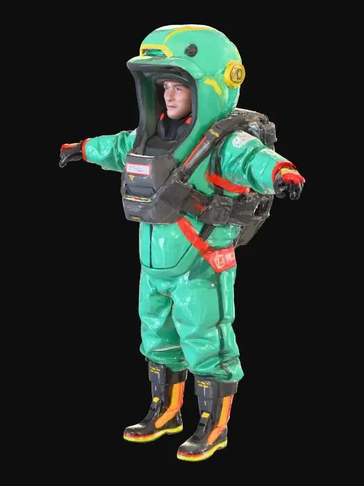 3D model for Cosmonaut in the t pose, the helmet is completely covered with metal, there are six lenses of video cameras on the front of the helmet
