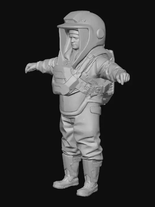 3D model for Cosmonaut in the t pose, the helmet is completely covered with metal, there are six lenses of video cameras on the front of the helmet