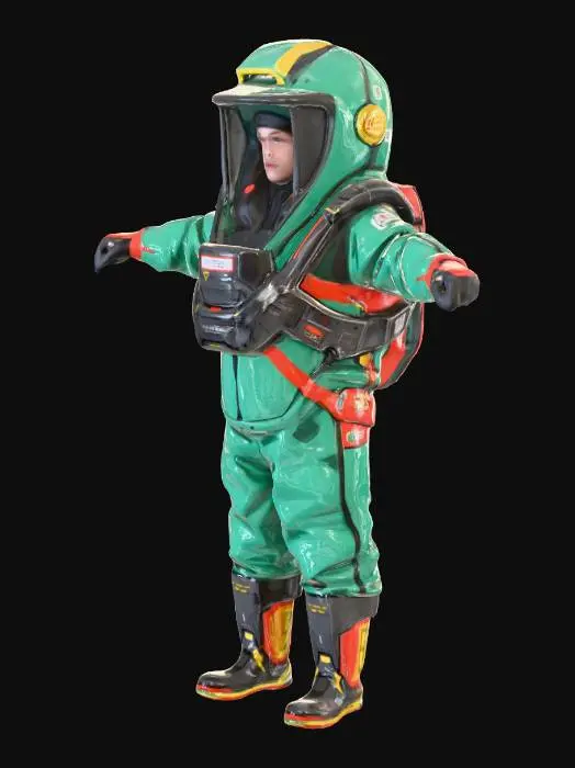 3D model for Cosmonaut in the t pose, the helmet is completely covered with metal, there are six lenses of video cameras on the front of the helmet