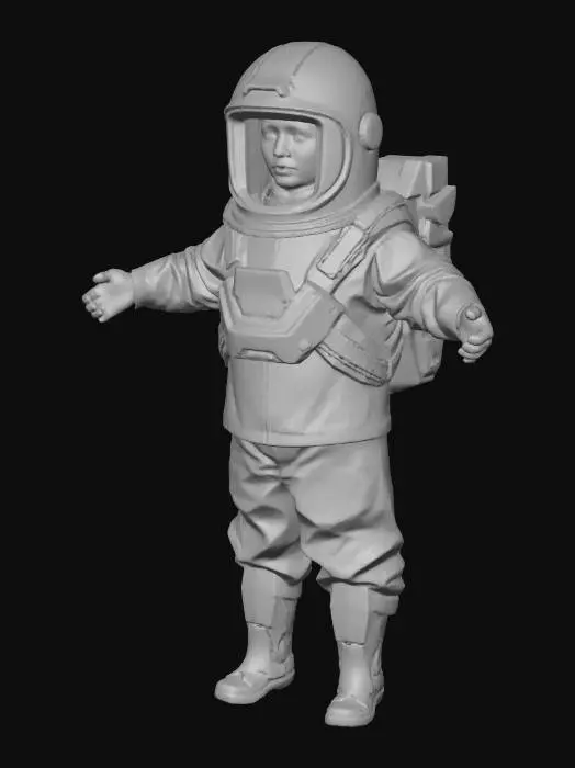 3D model for Cosmonaut in the t pose, the helmet is completely covered with metal, there are six lenses of video cameras on the front of the helmet