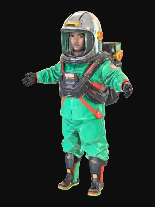 3D model for Cosmonaut in the t pose, the helmet is completely covered with metal, there are six lenses of video cameras on the front of the helmet